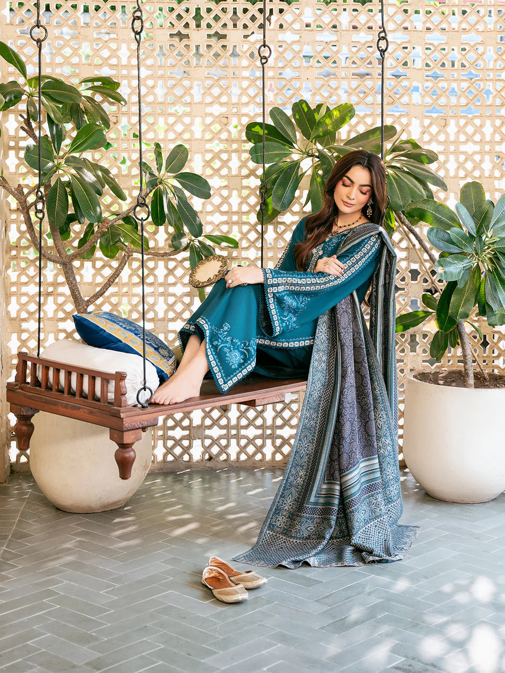 IZEL-3PC DHANAK EMBROIDERED SHIRT WITH COURTRAI PRINTED SHAWL & TROUSER-UR-4560