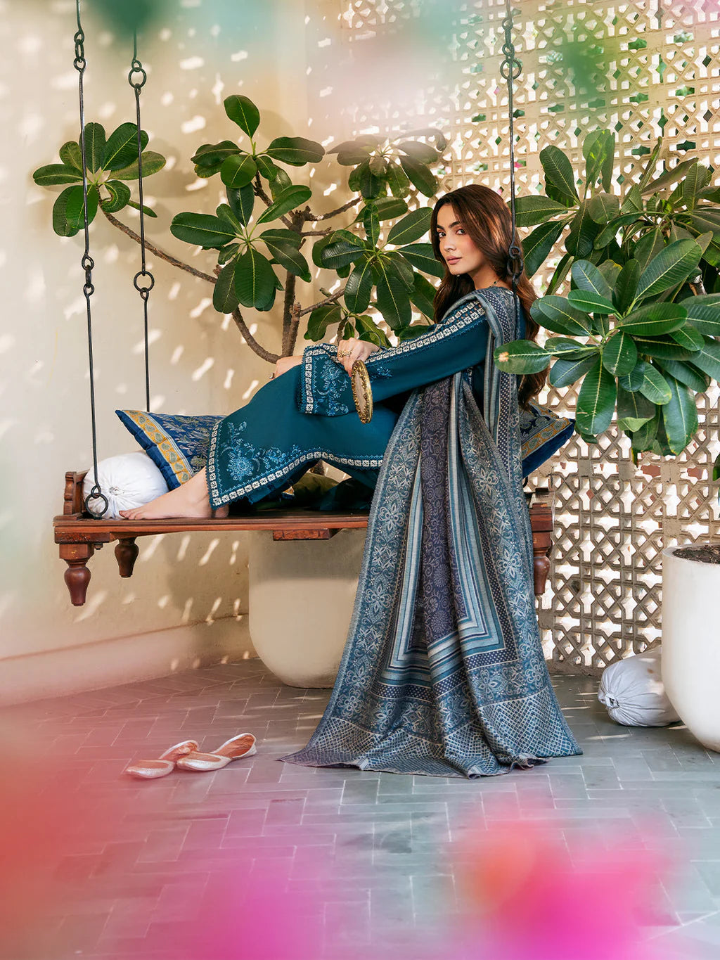 IZEL-3PC DHANAK EMBROIDERED SHIRT WITH COURTRAI PRINTED SHAWL & TROUSER-UR-4560