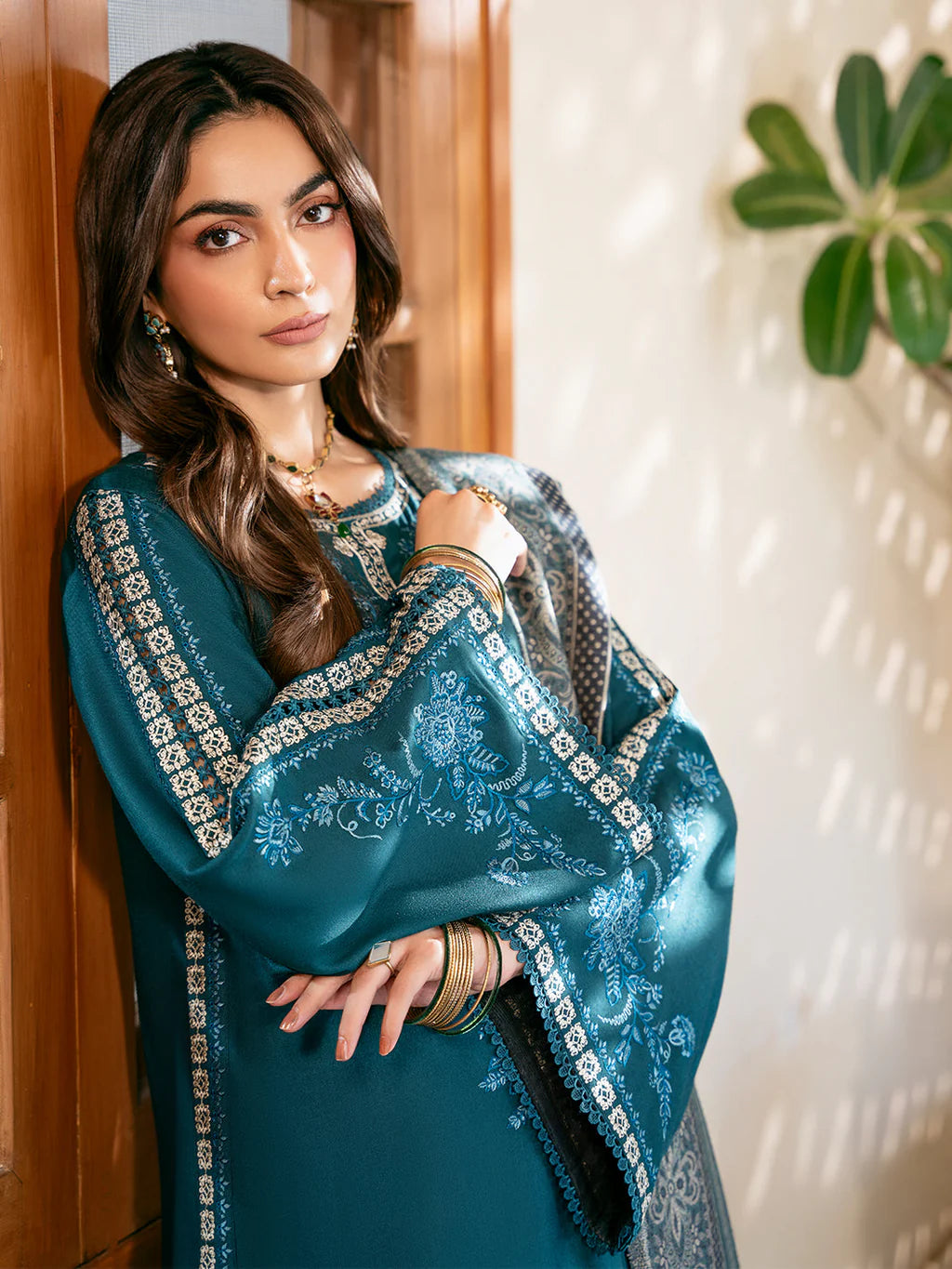 IZEL-3PC DHANAK EMBROIDERED SHIRT WITH COURTRAI PRINTED SHAWL & TROUSER-UR-4560