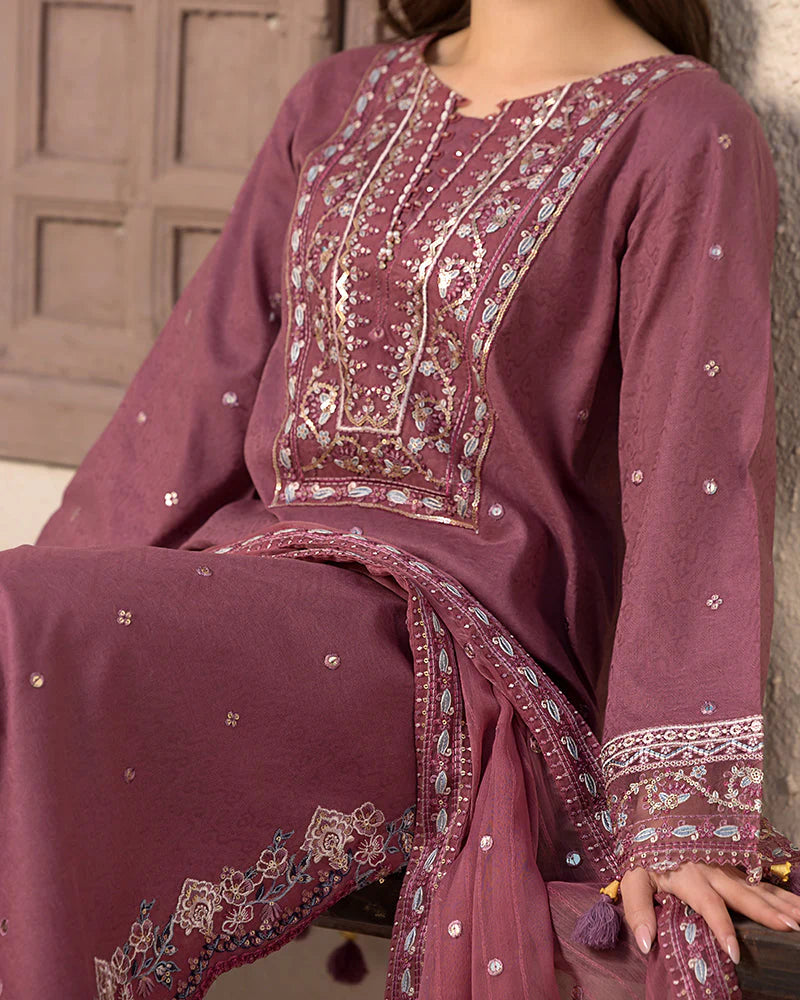 JADE-3PC LAWN SEQUENCE EMBROIDERED SHIRT WITH CHIFFON EMBROIDERED DUPATTA AND TROUSER-UR-4015