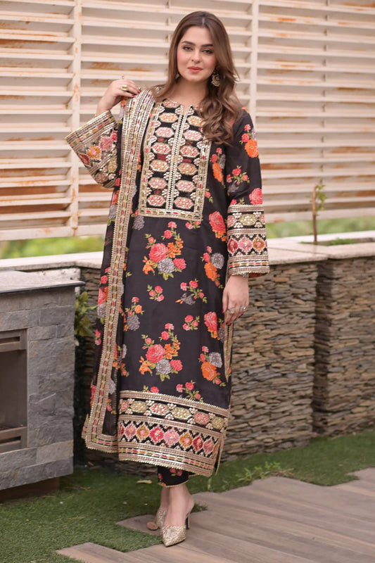 BAROQUE-3PC SHAMOZE SILK PRINTED EMBROIDERED SHIRT WITH SOFT SILK PRINTED EMB DUPATTA & PRINTED TROUSER-UR-2754
