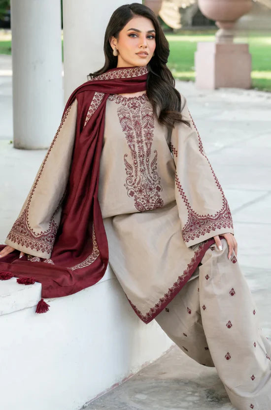 BAROQUE-3PC DHANAK EMBROIDERED SHIRT WITH DHANAK EMBROIDERED SHAWL AND EMB TROUSER-UR-4089