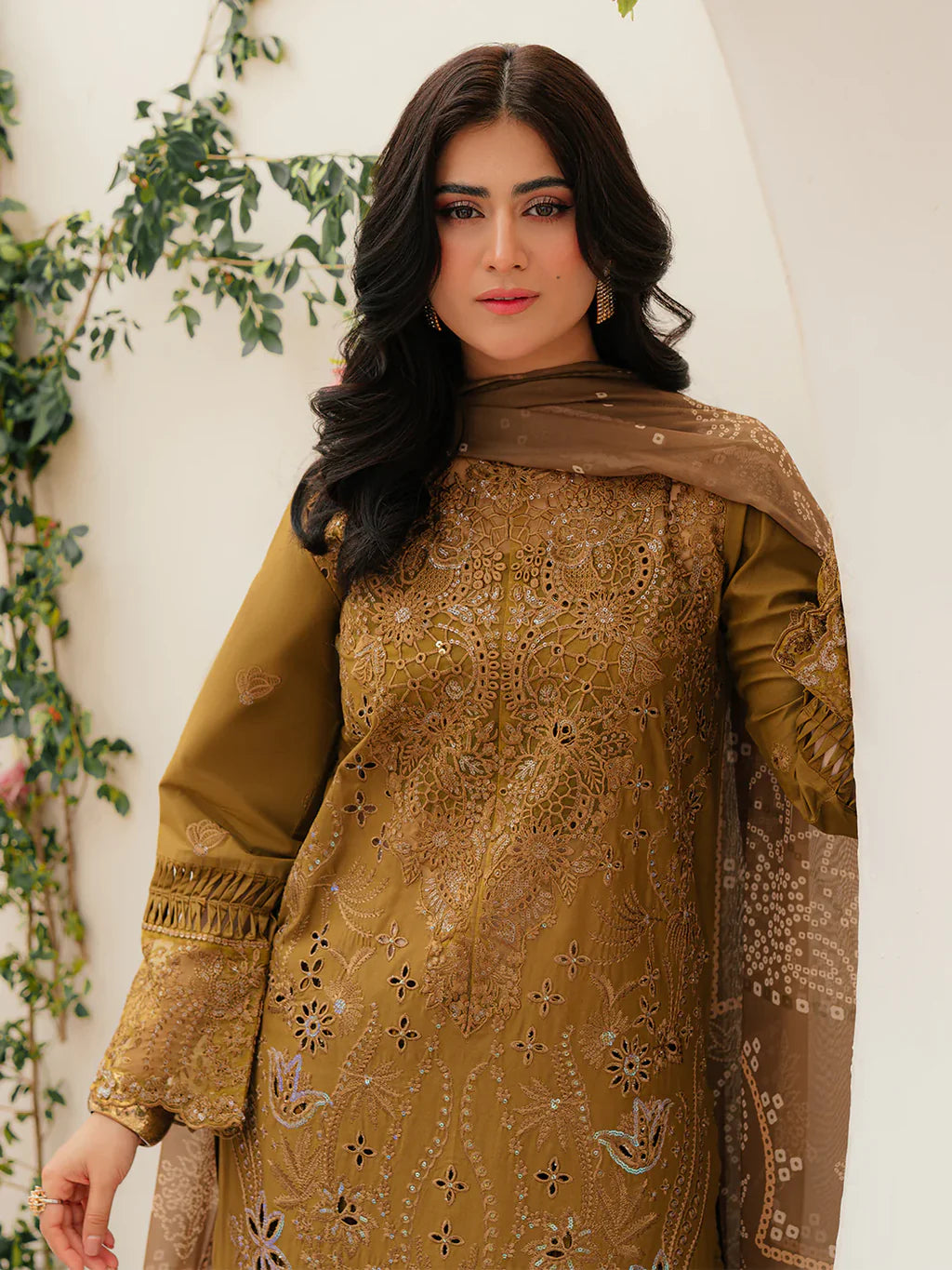 MAHNUR-3PC LAWN LASEWORK EMB SHIRT WITH CHIFFON PRINTED DUPATTA AND TROUSER -UR-3557