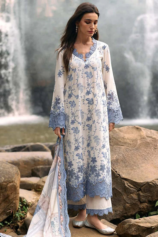 IMAGE-3PC LAWN EMBROIDERED SHIRT WITH MONARK PRINT DUPATTA & LAWN TROUSER-UR-2580