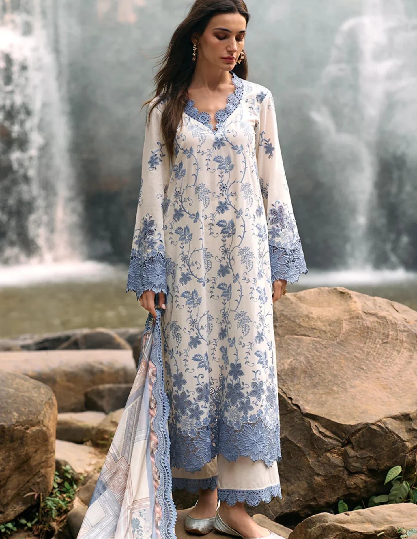 IMAGE-3PC LAWN EMBROIDERED SHIRT WITH MONARK PRINT DUPATTA & LAWN TROUSER-UR-2580