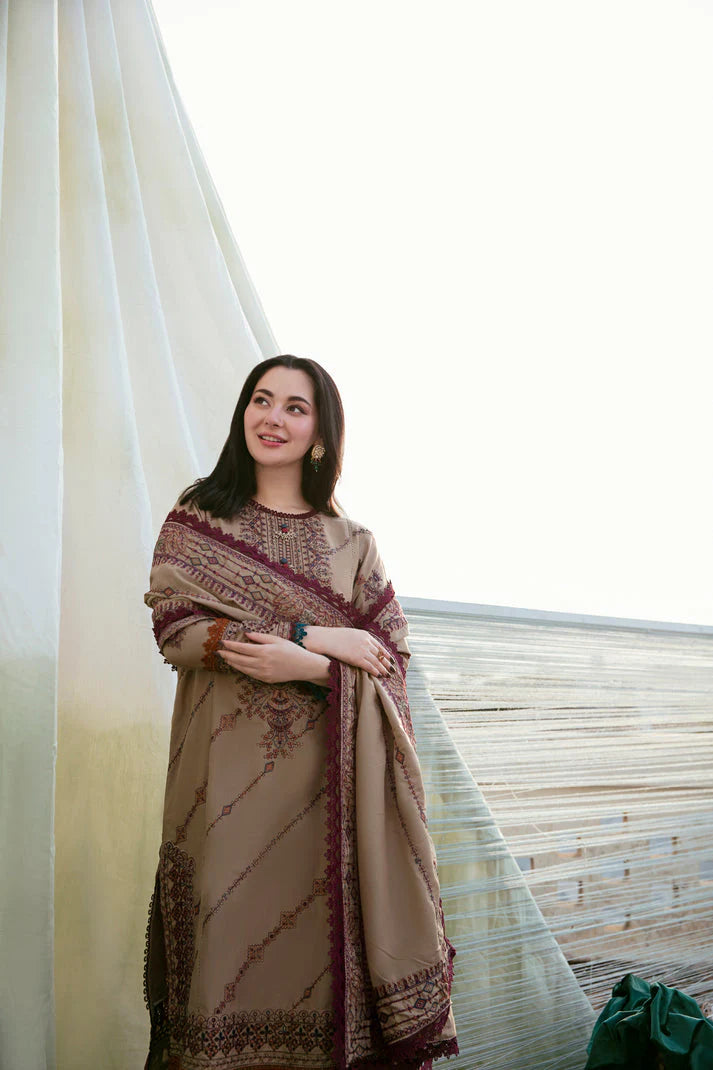 FLORENT-3PC DHANAK EMBROIDERED SHIRT WITH DHANAK EMBROIDERED SHAWL & TROUSER-UR-3865