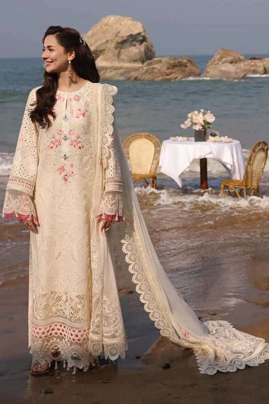 QALAMQAR-3PC LAWN CHIKANKARI EMBROIDERED SHIRT WITH KHADDI NET EMB DUPATTA AND TROUSER-UR-3551