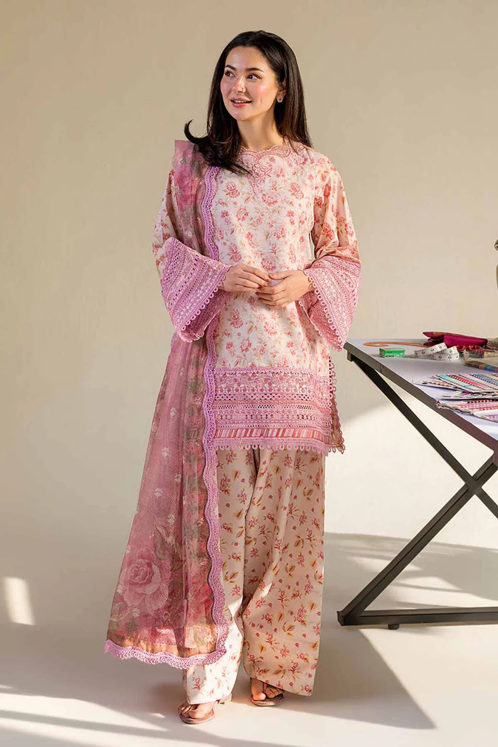 SOBIA NAZIR-3PC LAWN DIGITAL PRINTED EMB SHIRT WITH SILK PRINTED DUPATTA AND PRINTED TROUSER-UR-556