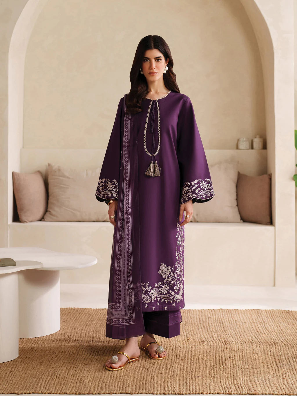 GARNET-3PC DHANAK EMBROIDERED SHIRT WITH COURTRAI PRINTED SHAWL AND TROUSER-UR-4045