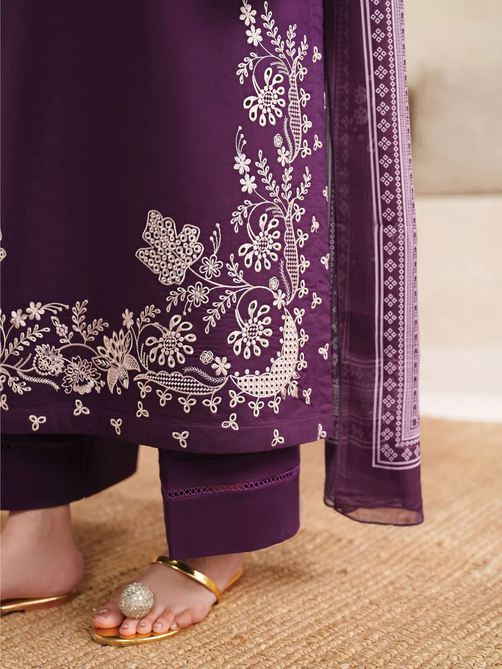 GARNET-3PC DHANAK EMBROIDERED SHIRT WITH COURTRAI PRINTED SHAWL AND TROUSER-UR-4045