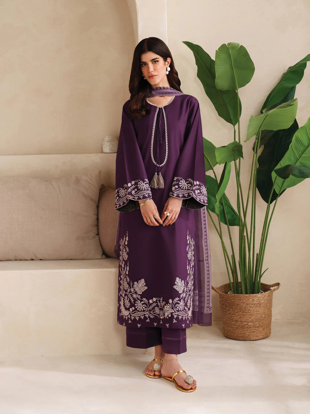 GARNET-3PC DHANAK EMBROIDERED SHIRT WITH COURTRAI PRINTED SHAWL AND TROUSER-UR-4045