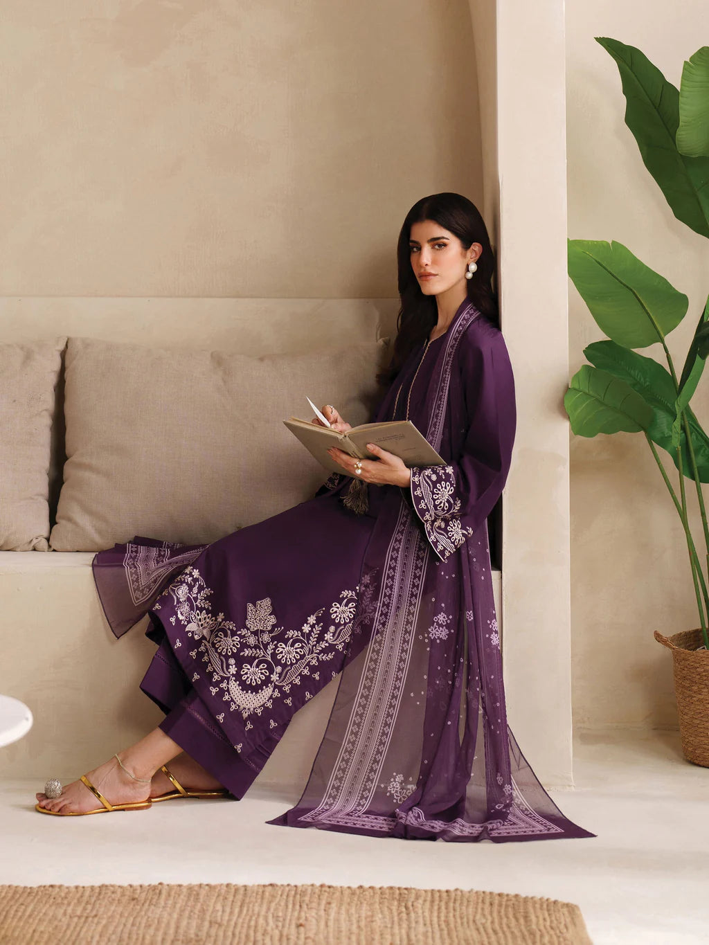 GARNET-3PC DHANAK EMBROIDERED SHIRT WITH COURTRAI PRINTED SHAWL AND TROUSER-UR-4045