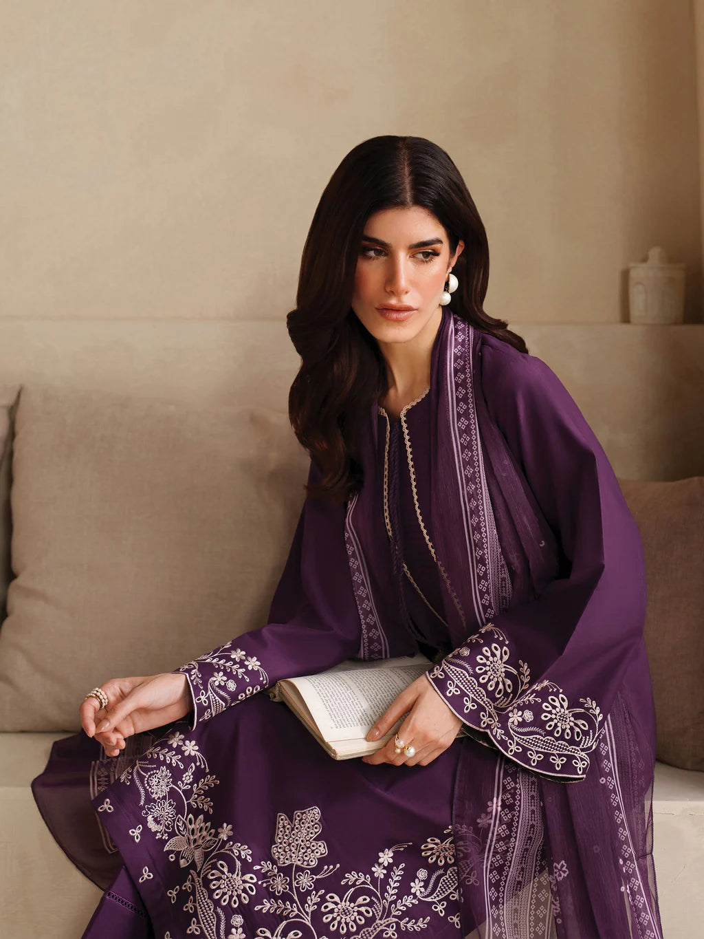 GARNET-3PC DHANAK EMBROIDERED SHIRT WITH COURTRAI PRINTED SHAWL AND TROUSER-UR-4045