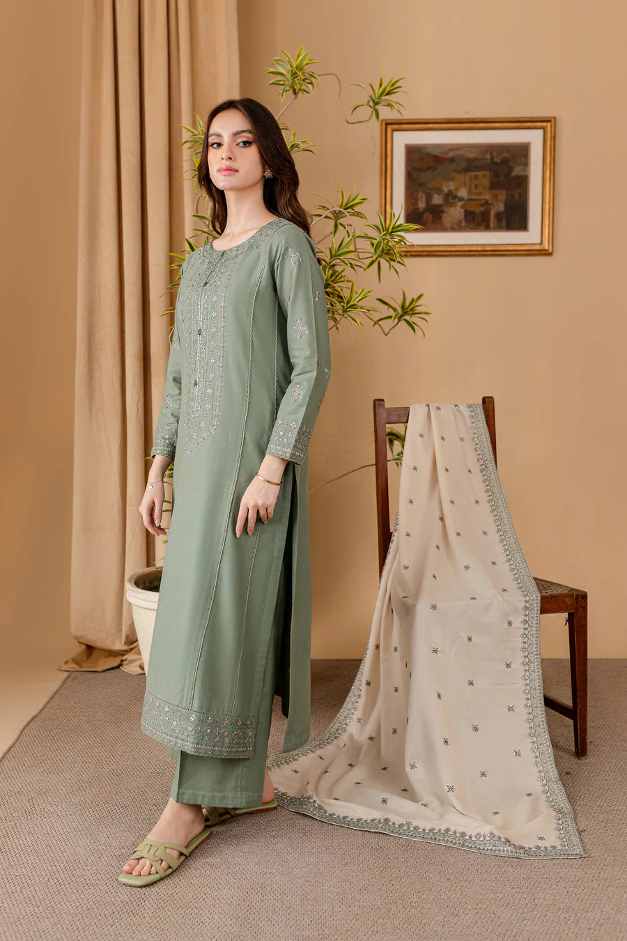 JAZMIN - 3PC LAWN EMBROIDERED SHIRT WITH LAWN EMBROIDERED DUPATTA AND LAWN TROUSER-UR-2595