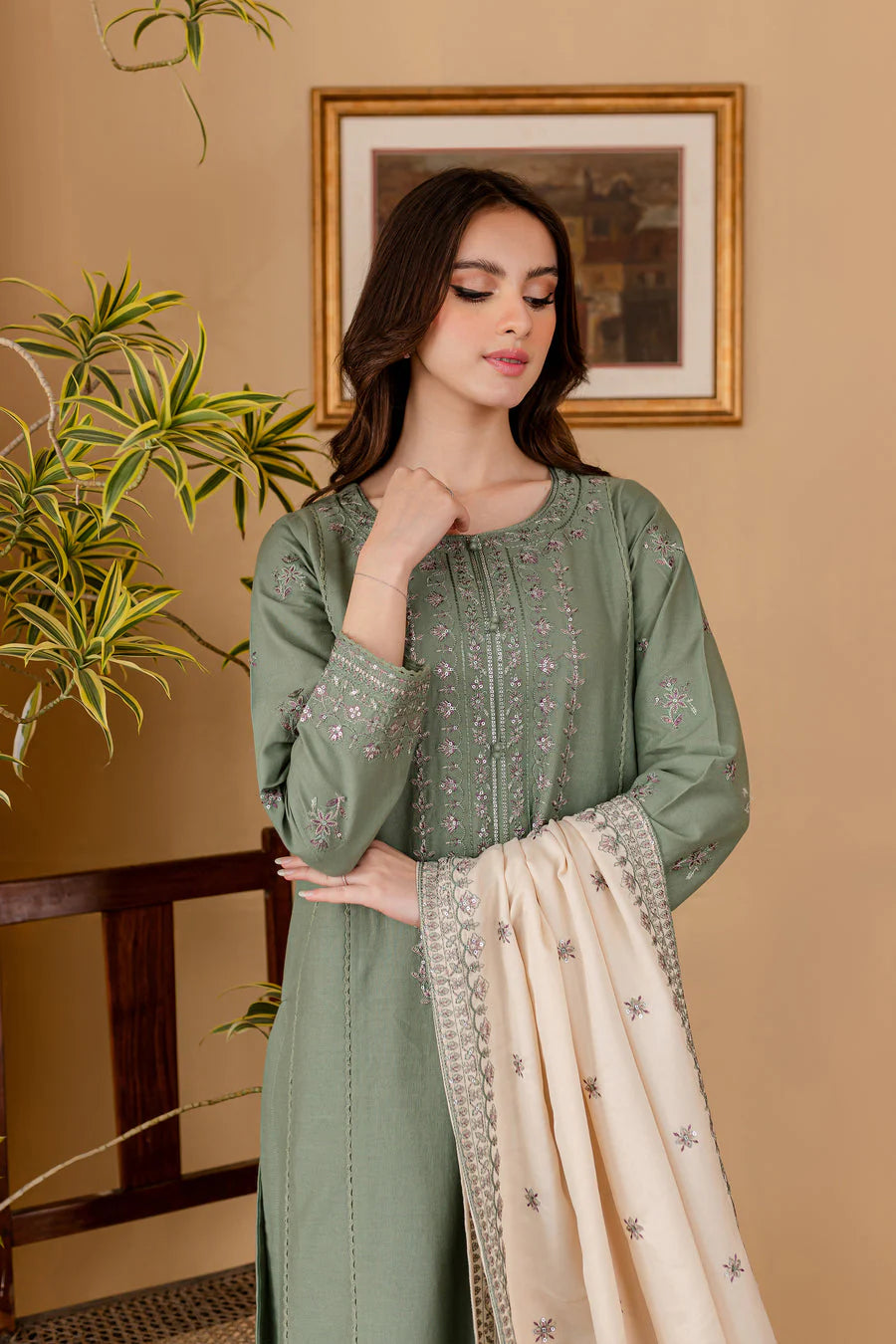 JAZMIN - 3PC LAWN EMBROIDERED SHIRT WITH LAWN EMBROIDERED DUPATTA AND LAWN TROUSER-UR-2595