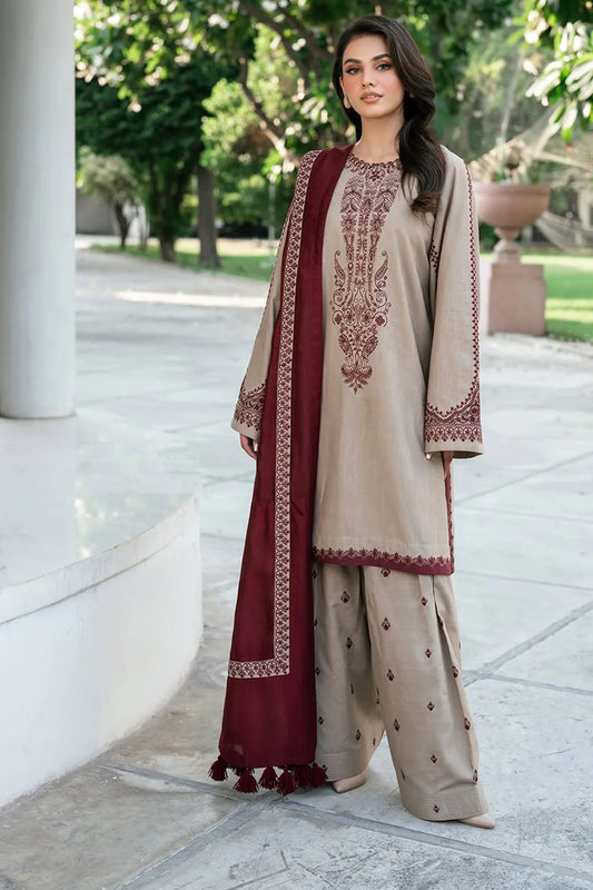 BAROQUE-3PC DHANAK EMBROIDERED SHIRT WITH DHANAK EMBROIDERED SHAWL AND EMB TROUSER-UR-4089