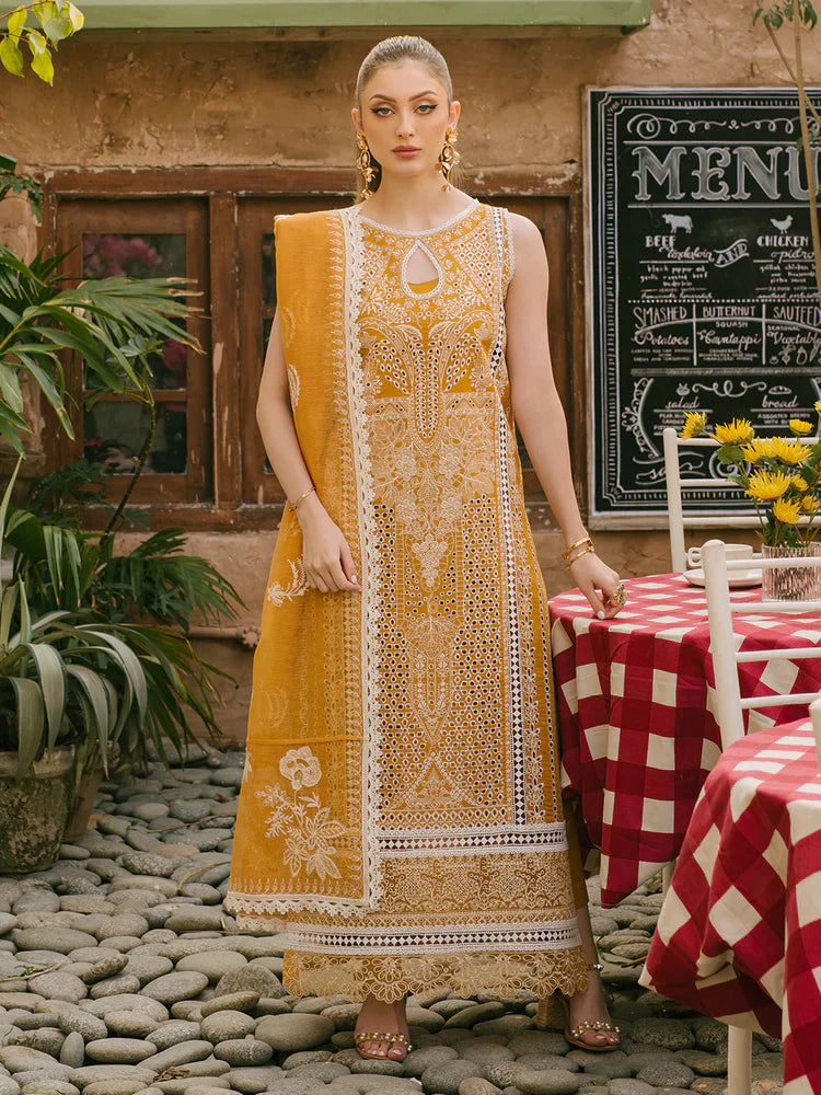 MAHNUR-3PC LAWN CHIKAANKARI EMBROIDERED SHIRT WITH KHADDI NET EMB DUPATTA AND TROUSER-UR-3614