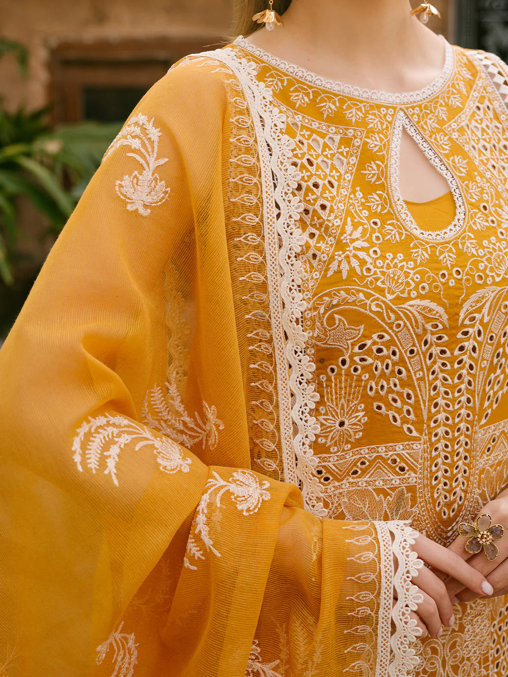 MAHNUR-3PC LAWN CHIKAANKARI EMBROIDERED SHIRT WITH KHADDI NET EMB DUPATTA AND TROUSER-UR-3614