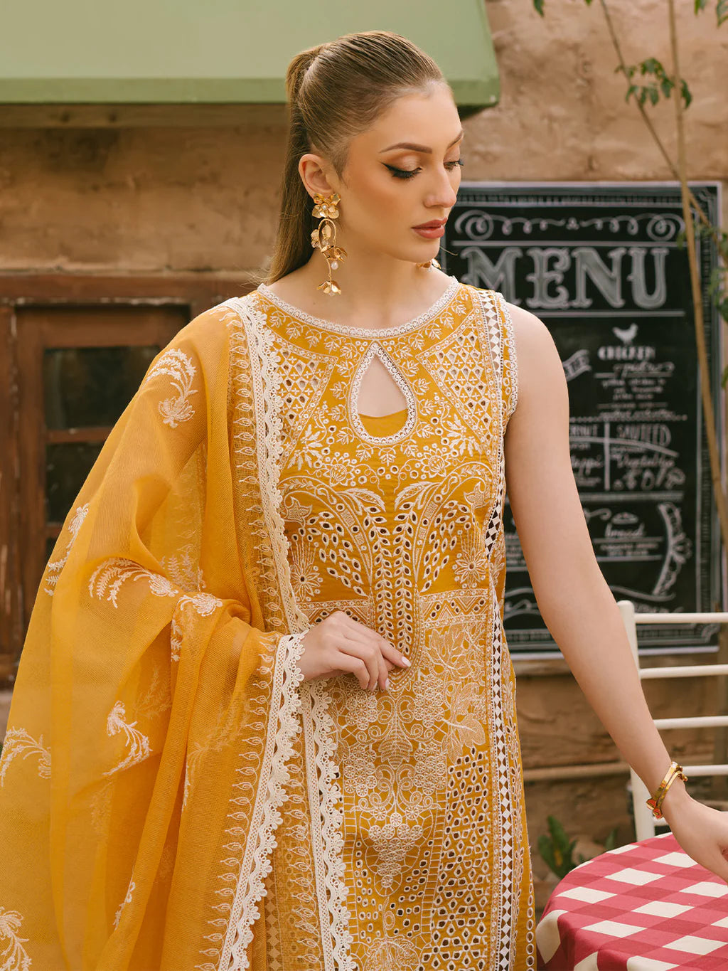 MAHNUR-3PC LAWN CHIKAANKARI EMBROIDERED SHIRT WITH KHADDI NET EMB DUPATTA AND TROUSER-UR-3614