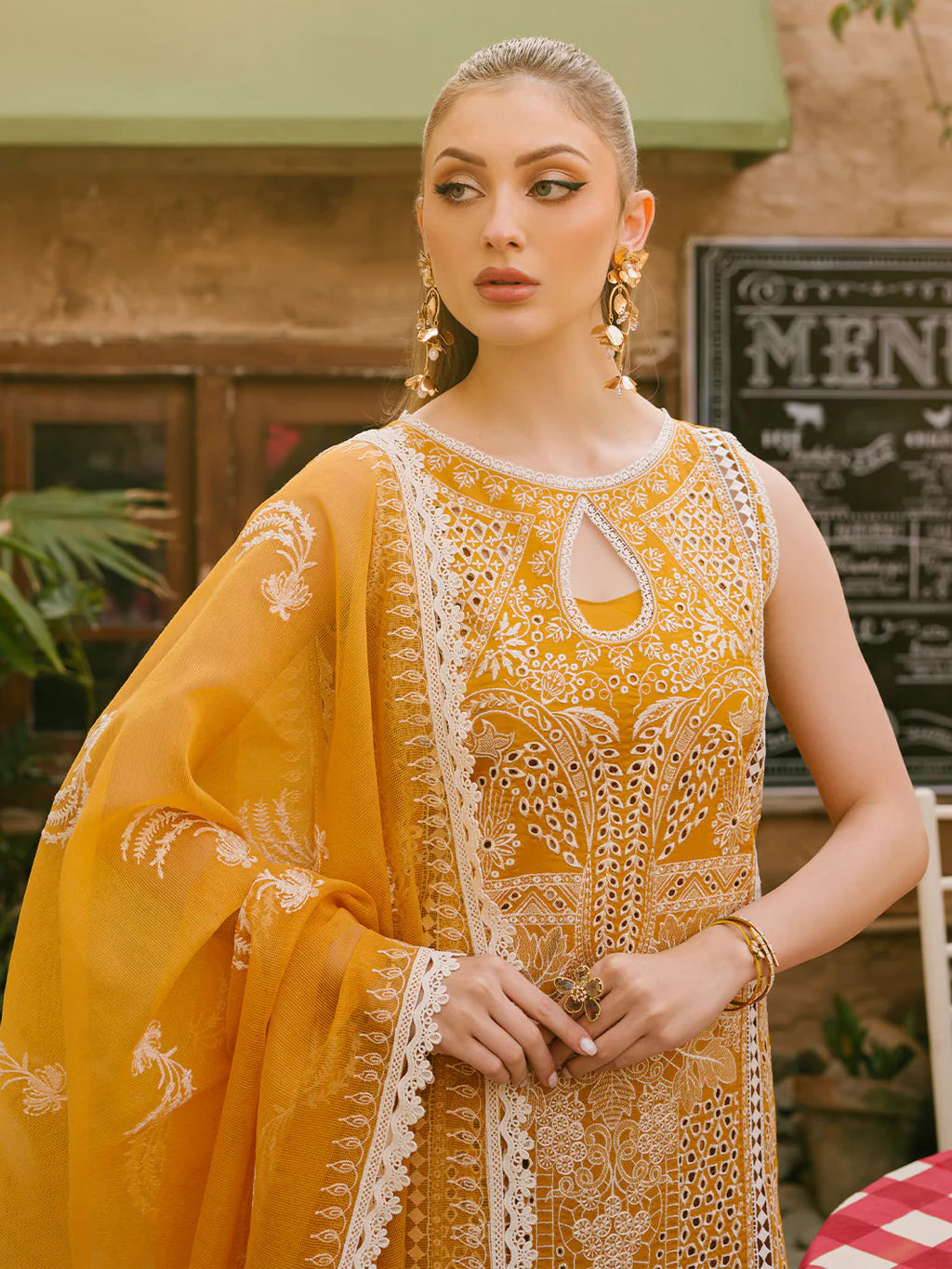 MAHNUR-3PC LAWN CHIKAANKARI EMBROIDERED SHIRT WITH KHADDI NET EMB DUPATTA AND TROUSER-UR-3614