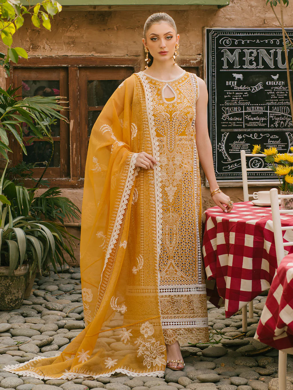 MAHNUR-3PC LAWN CHIKAANKARI EMBROIDERED SHIRT WITH KHADDI NET EMB DUPATTA AND TROUSER-UR-3614