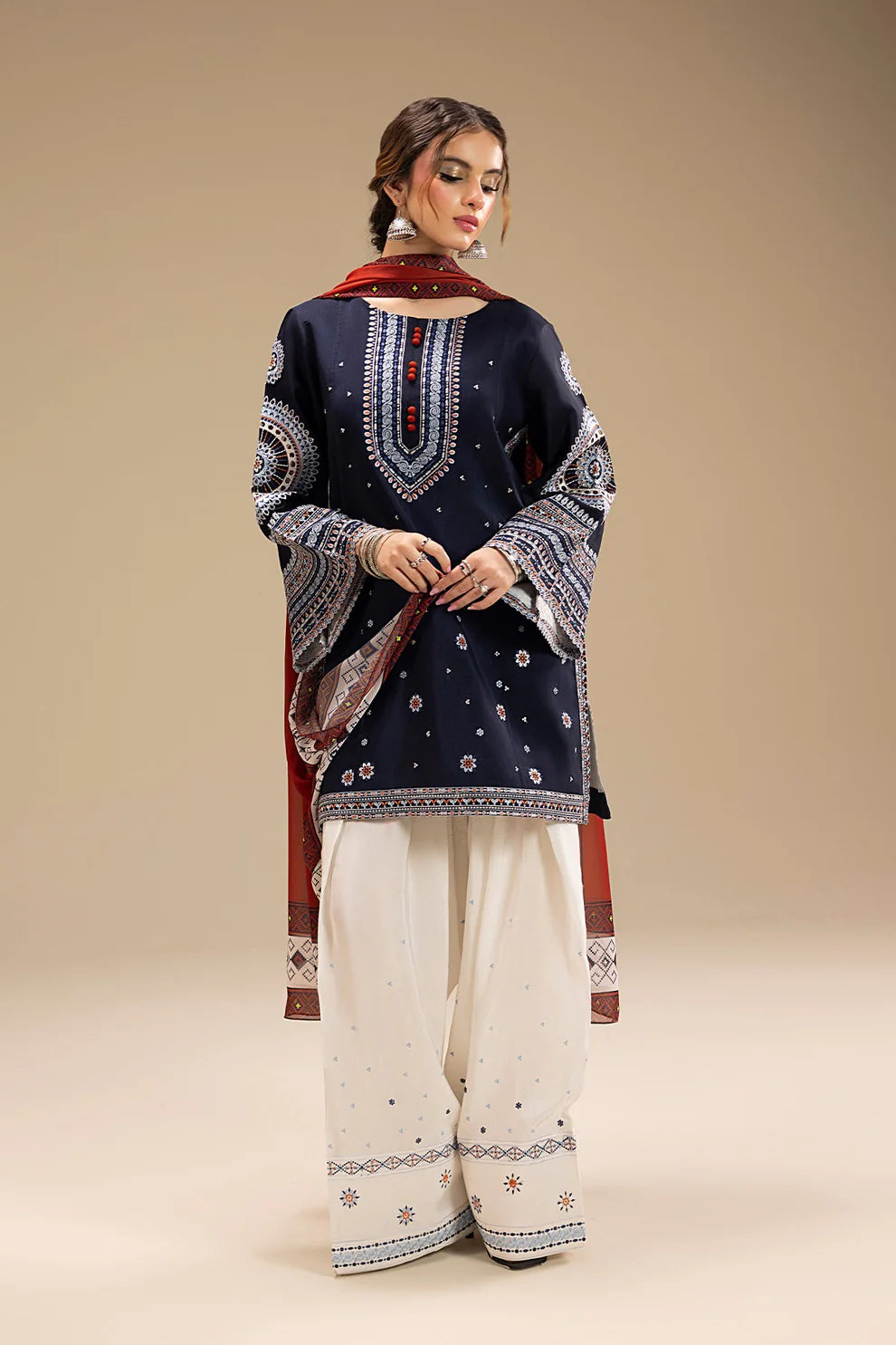 JAZMIN-3PC LAWN EMBROIDERED SHIRT WITH CHIFFON PRINTED DUPATTA AND EMB TROUSER-UR-3577