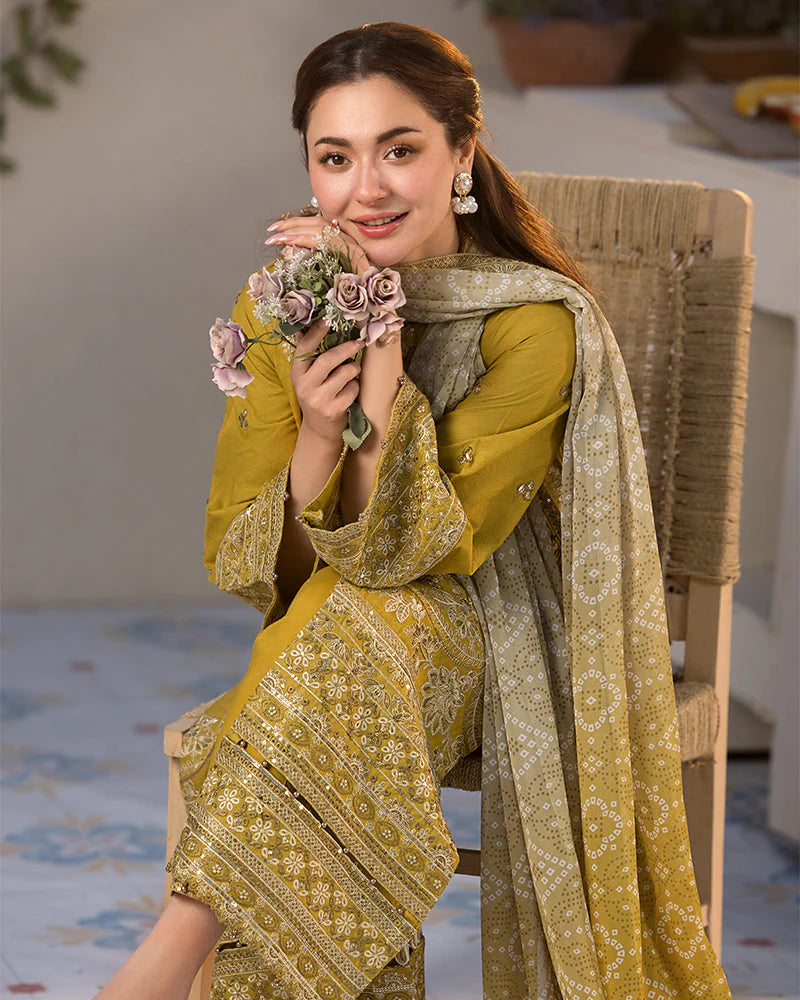 JADE-3PC LAWN EMBROIDERED SHIRT WITH MONARK PRINT DUPATTA & TROUSER-UR-3233