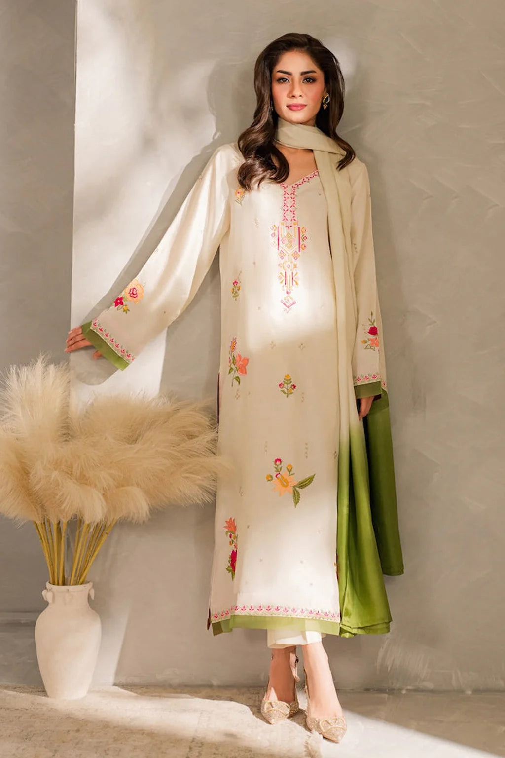 MIRANA-3PC DHANAK EMBROIDERED SHIRT WITH BAMBER CHIFFON DUPATTA AND TROUSER-UR-4083