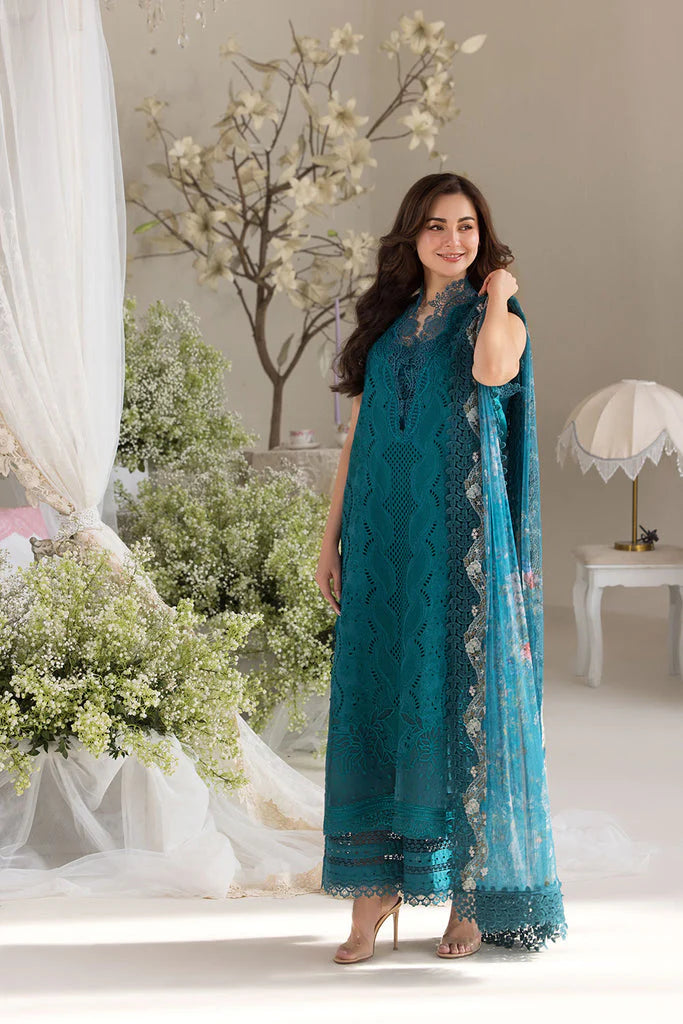 SOBIA NAZIR-3PC LAWN LASERCUT EMBROIDERED SHIRT WITH COTTON NET EMBROIDERED PRINT DUPATTA AND TROUSER-UR-2806