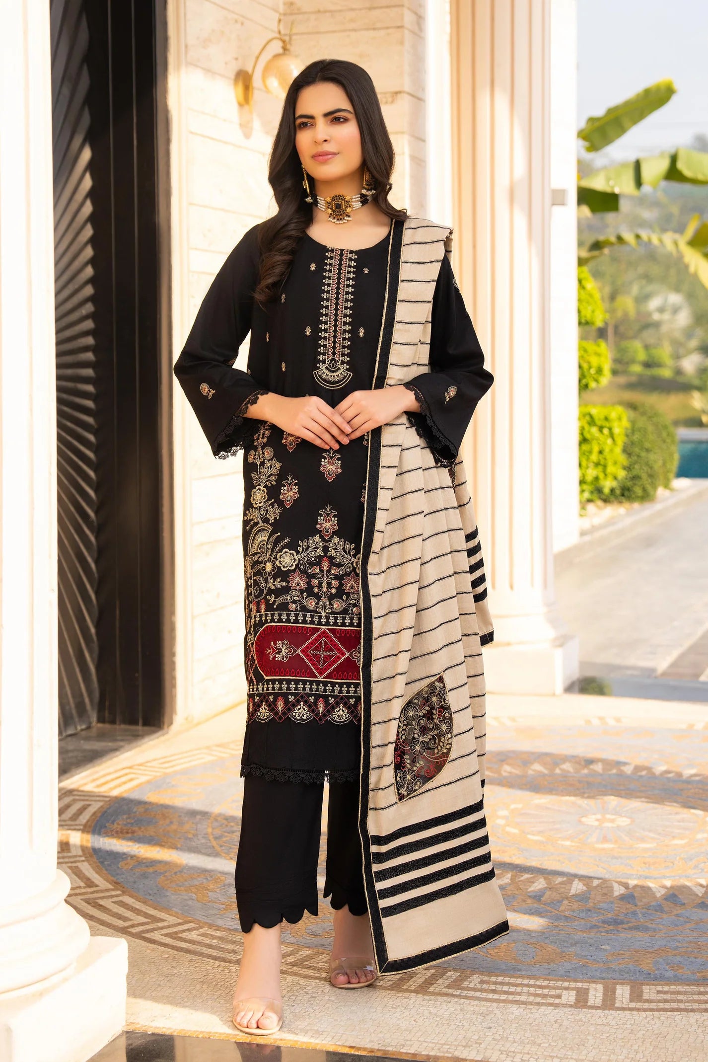 TANA BANA-3PC DHANAK EMBROIDERED SHIRT WITH HEAVY CUTWORK EMBROIDERED JACQUARD WOOL SHAWL -TBF-1006-B