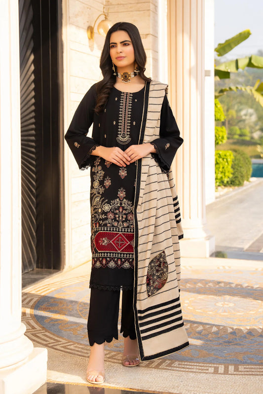 TANA BANA-3PC DHANAK EMBROIDERED SHIRT WITH HEAVY CUTWORK EMBROIDERED JACQUARD WOOL SHAWL -TBF-1006-B