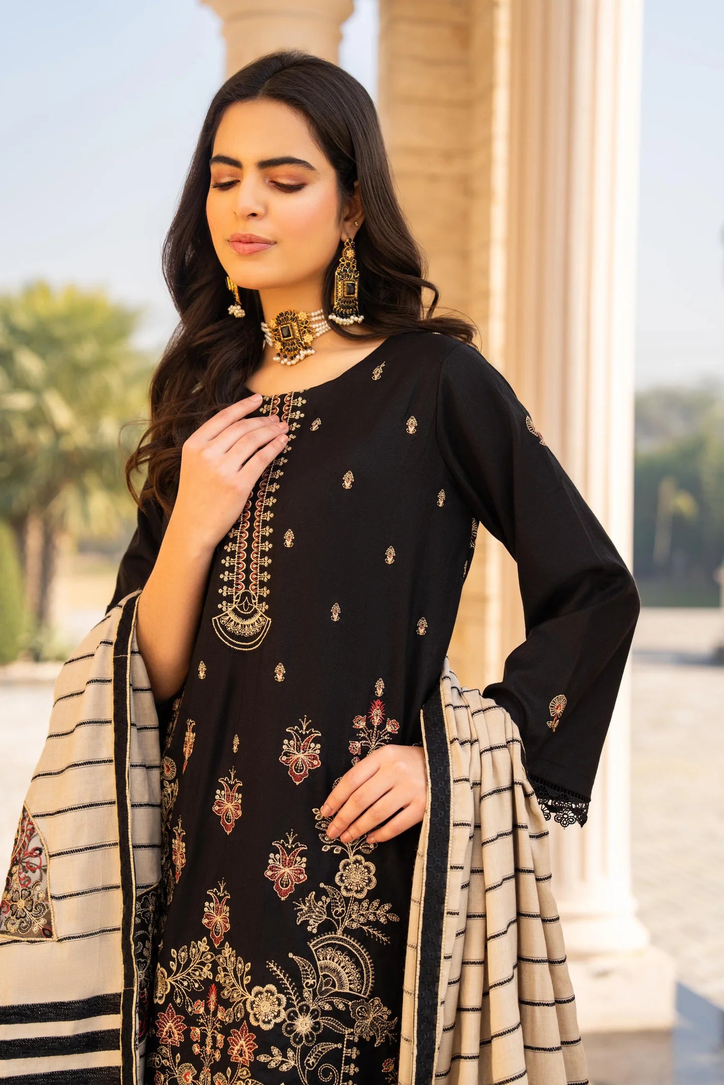 TANA BANA-3PC DHANAK EMBROIDERED SHIRT WITH HEAVY CUTWORK EMBROIDERED JACQUARD WOOL SHAWL -TBF-1006-B