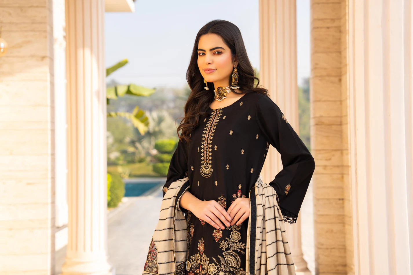 TANA BANA-3PC DHANAK EMBROIDERED SHIRT WITH HEAVY CUTWORK EMBROIDERED JACQUARD WOOL SHAWL -TBF-1006-B