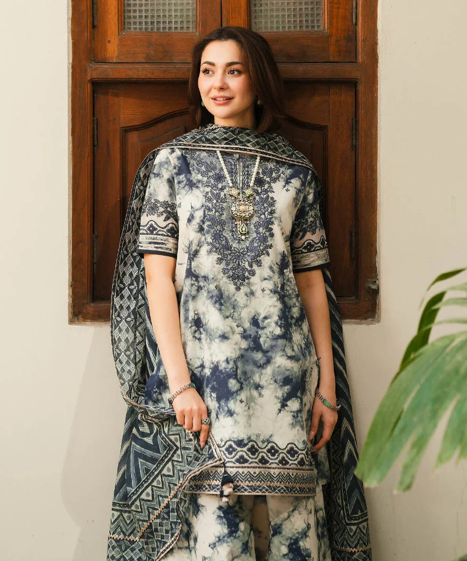 SAPPHIRE-3PC KHADDAR PRINTED EMB SHIRT WITH KHADDAR PRINT DUPATTA AND PRINT TROUSER-UR-2412