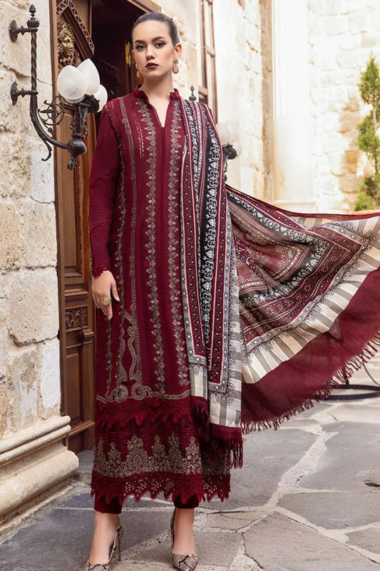 MARIA B - 3PC DHANAK EMBROIDERED SHIRT WITH COUTURE WOOL PRINT SHAWL AND DHANAK TROUSER-UR-4051