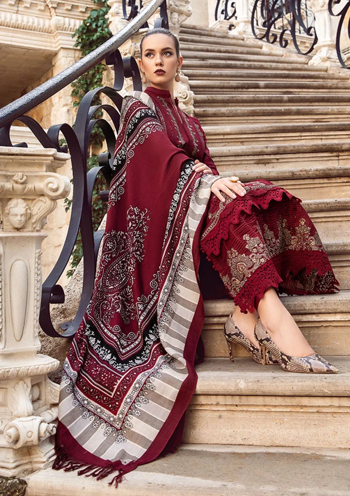 MARIA B - 3PC DHANAK EMBROIDERED SHIRT WITH COUTURE WOOL PRINT SHAWL AND DHANAK TROUSER-UR-4051