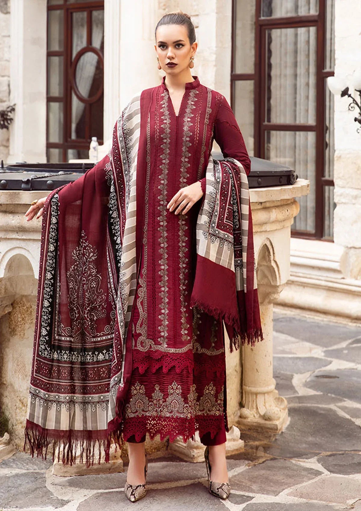 MARIA B - 3PC DHANAK EMBROIDERED SHIRT WITH COUTURE WOOL PRINT SHAWL AND DHANAK TROUSER-UR-4051