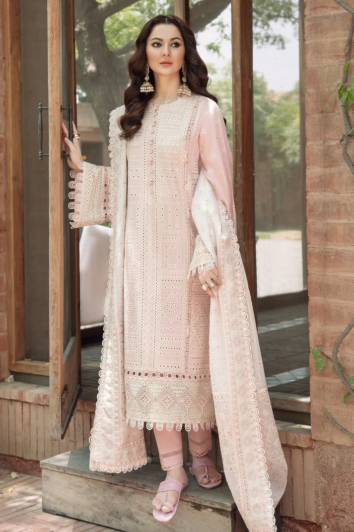 JAZMIN-3PC LAWN LASERCUT EMBROIDERED SHIR  T WITH MONARK EMBROIDERED DUPATTA AND TROUSER -UR-2831