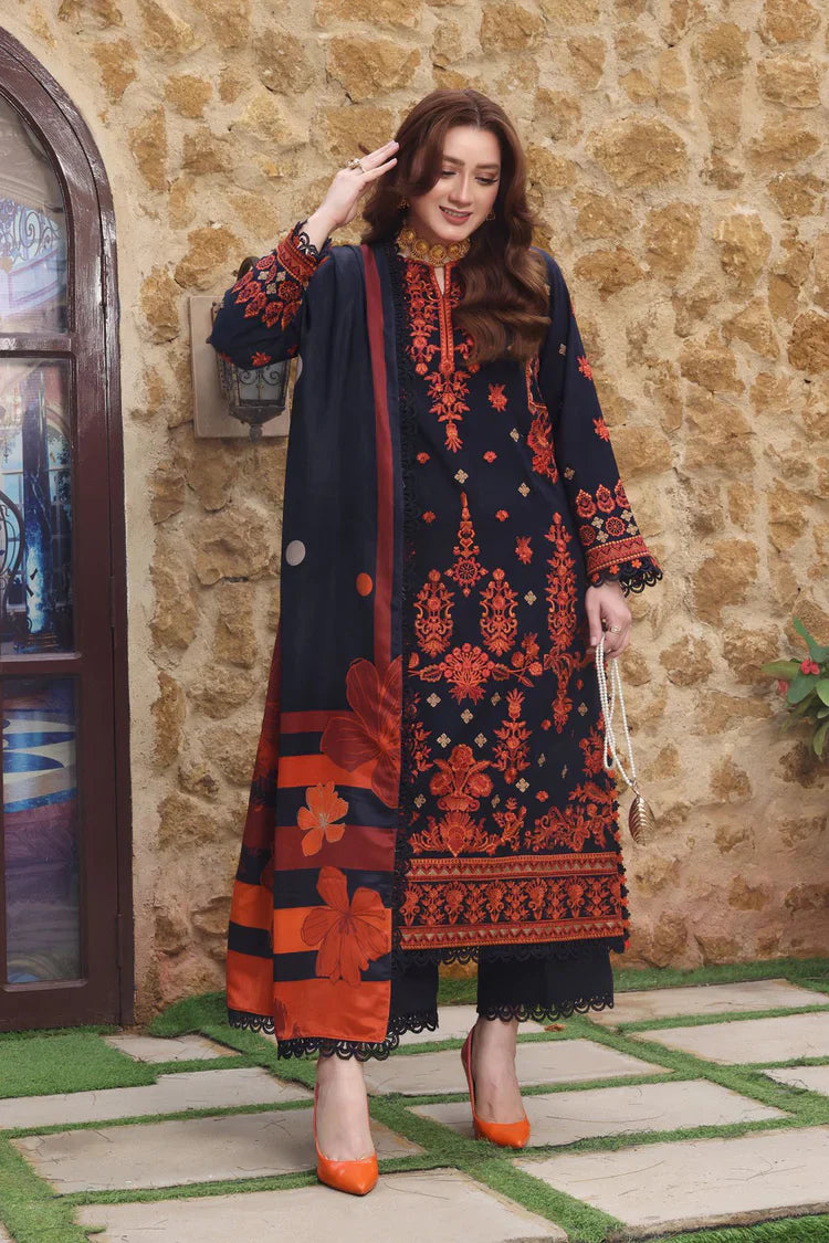 ASIM JOFA-3PC DHANAK EMBROIDRED SHIRT WITH COURTRAI PRINTED SHAWL AND TROUSER-UR-4091