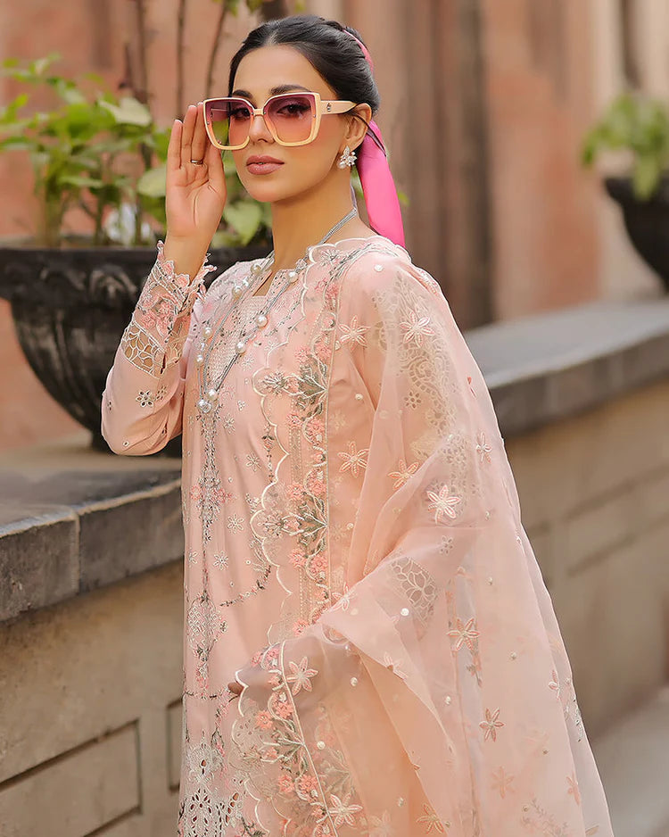 QALAMQAR-3PC LAWN CHIKAN EMBROIDERED SHIRT WITH KHADDI NET EMB DUPATTA AND TROUSER-UR-3641