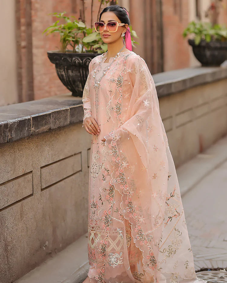 QALAMQAR-3PC LAWN CHIKAN EMBROIDERED SHIRT WITH KHADDI NET EMB DUPATTA AND TROUSER-UR-3641