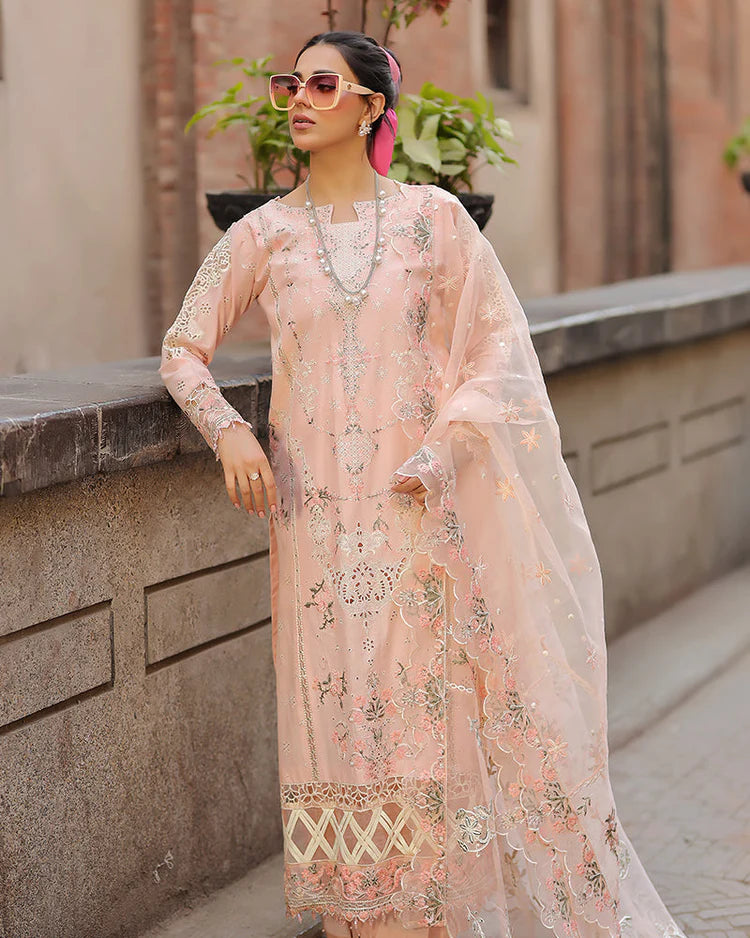 QALAMQAR-3PC LAWN CHIKAN EMBROIDERED SHIRT WITH KHADDI NET EMB DUPATTA AND TROUSER-UR-3641