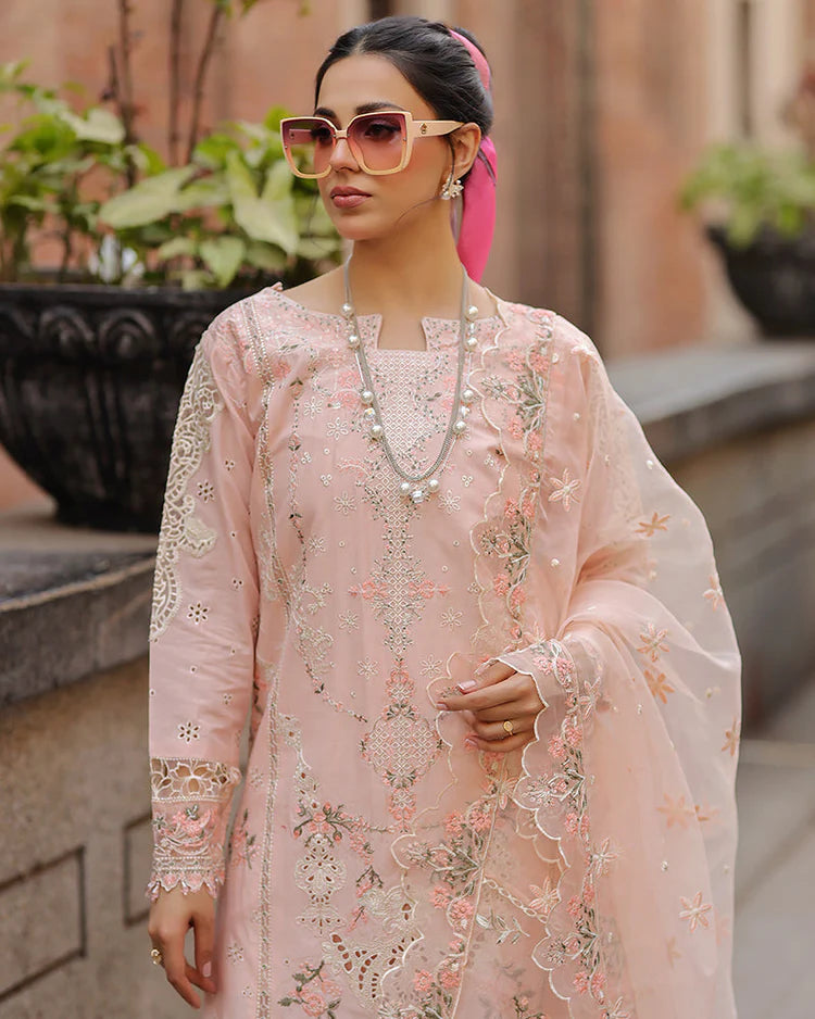 QALAMQAR-3PC LAWN CHIKAN EMBROIDERED SHIRT WITH KHADDI NET EMB DUPATTA AND TROUSER-UR-3641