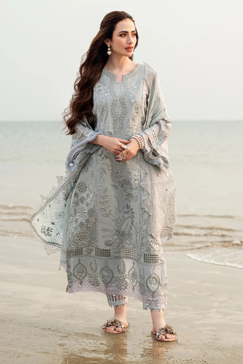 NUREH-3PC DHANAK LASER WORK EMBROIDERED SHIRT WITH CHIFFON EMBROIDERED DUPATTA & TROUSER-UR-3809