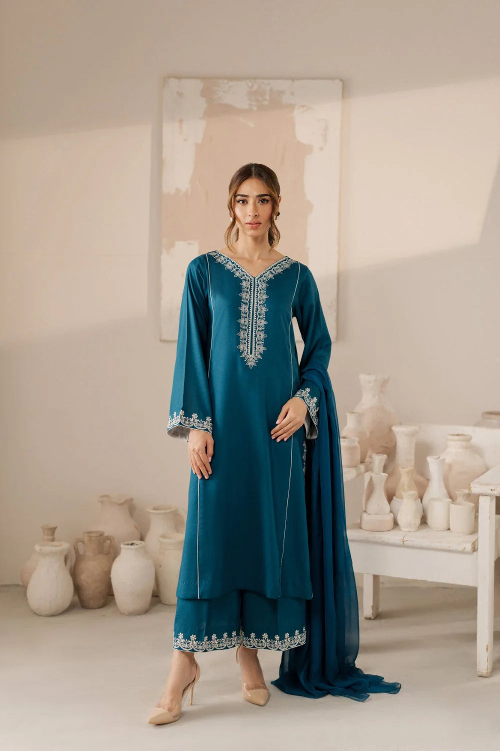Vintage-Lawn 3pc Embroidered Shirt With Bamber Chiffon Dupatta & Embroidered Trouser-UR-2503