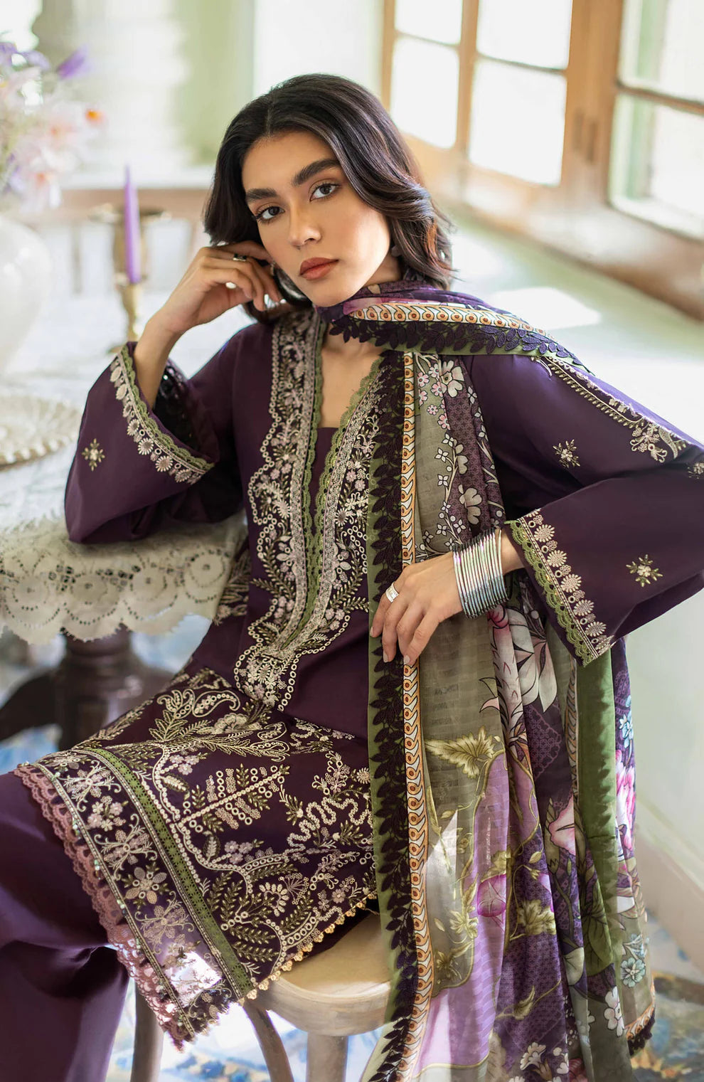 SERAN- 3PC LAWN EMBROIDERED SHIRT MONARK PRINTED DUPATTA AND TROUSER-2558
