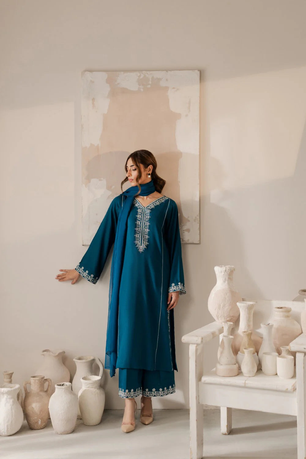Vintage-Lawn 3pc Embroidered Shirt With Bamber Chiffon Dupatta & Embroidered Trouser-UR-2503