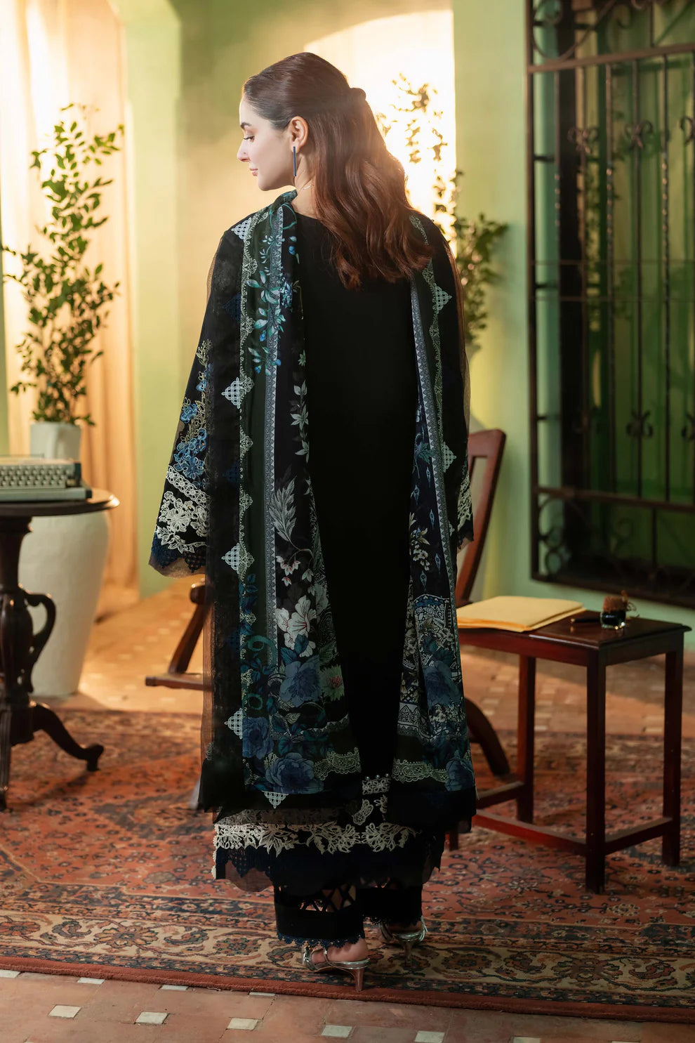 JADE-3PC DHANAK EMBROIDERED SHIRT WITH COUTRAI PRINTED SHAWL & DHANAK TOUSER-UR-3850