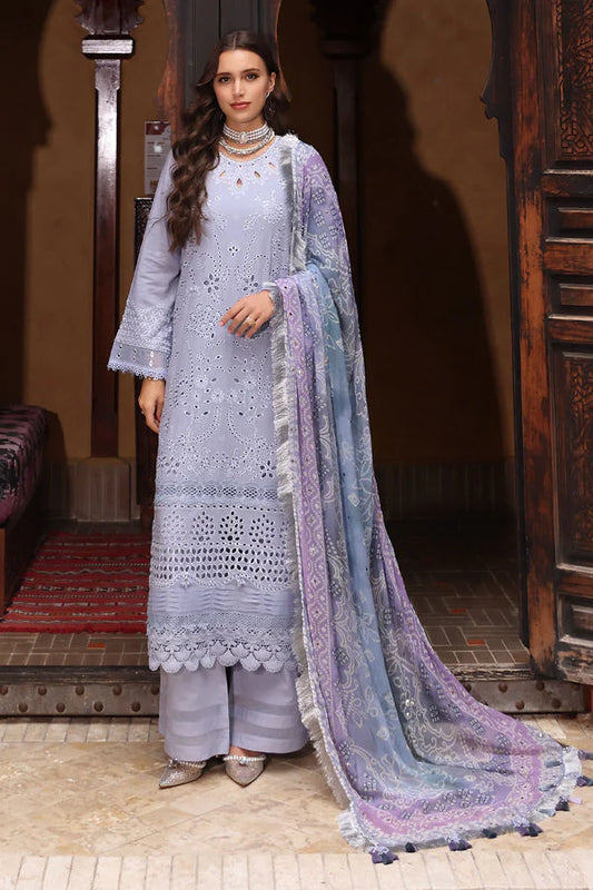 NUREH-3PC LAWN CHIKANKARI EMBROIDERED SHIRT WITH MONARK PRINTED DUPATTA AND EMB TRPUSER-UR-2845