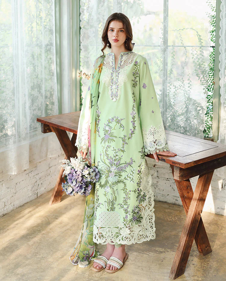 MUSHQ-3PC LAWN EMBROIDERED SHIRT WITH SILK PRINTED DUPATTA AND TROUSER-UR-4925